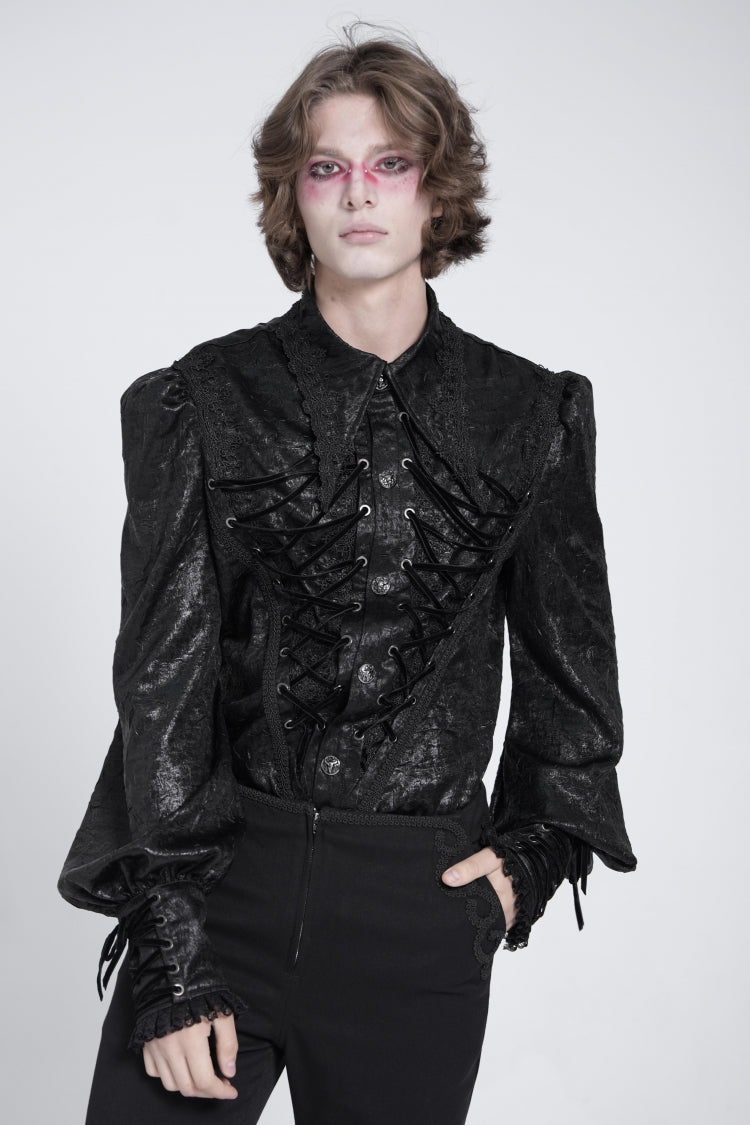 Black Long Puff Sleeves Jacquard Lace Men's Gothic Blouse