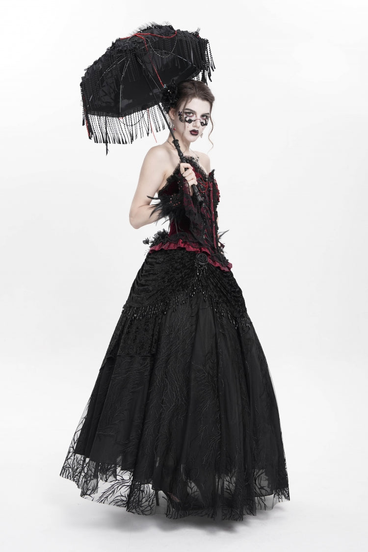 Black Floral Embroidered Beaded Women's Gothic Long Skirt