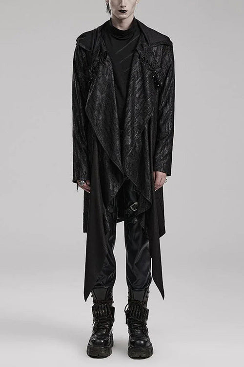 Black Long Sleeves Loose type Pleated Mens Steampunk Hooded Long Coat