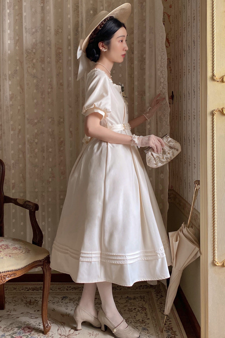 Apricot [Random Thoughts] Square Collar Short Sleeves Ruffle Classic Vintage Elegant Lolita Dress
