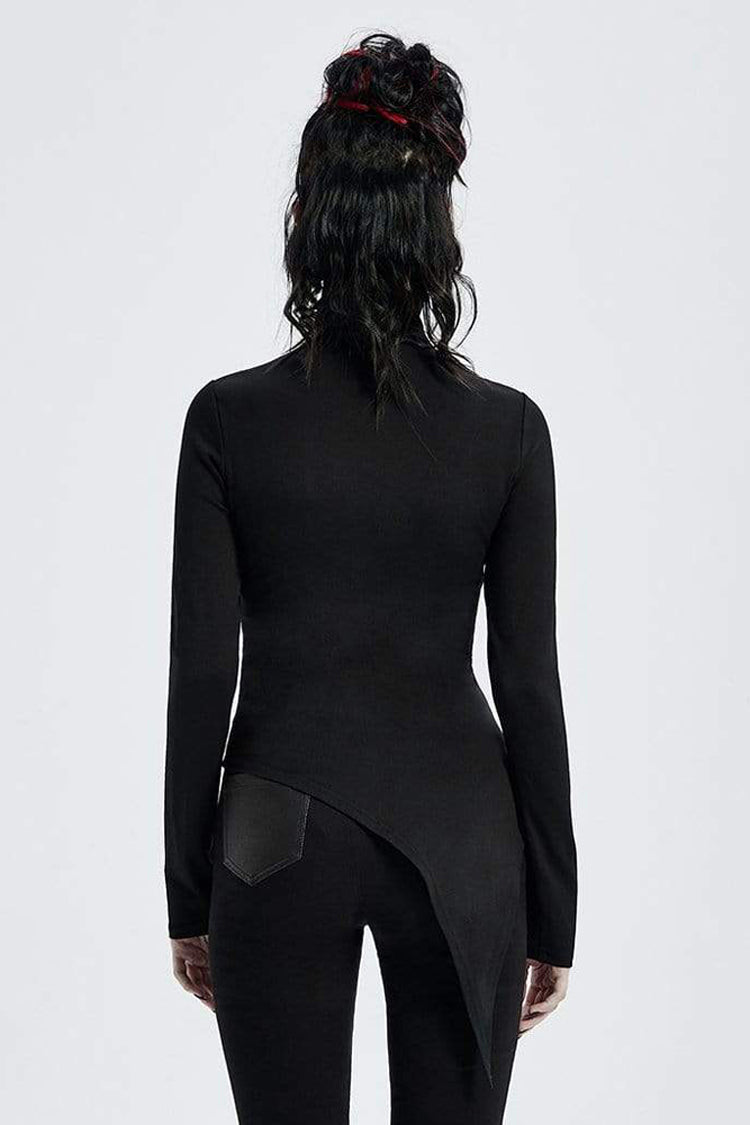 Black High Collar Long Sleeve Front Metal Ring Woven Tape Decoration Irregular Hem Women's Punk T-Shirt