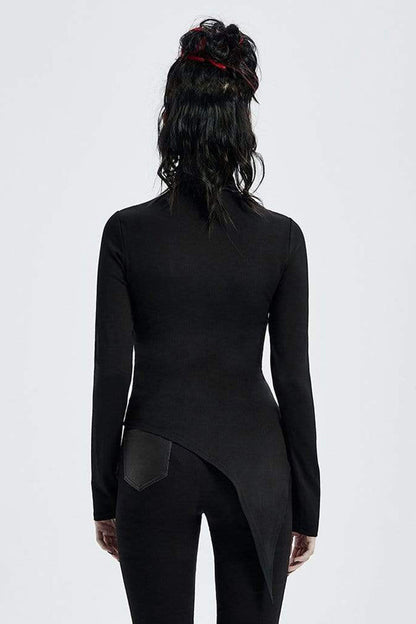 Black High Collar Long Sleeve Front Metal Ring Woven Tape Decoration Irregular Hem Women's Punk T-Shirt