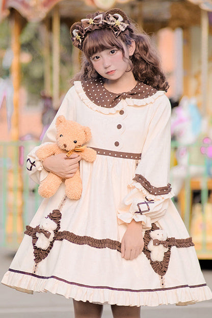 Beige Round Collar Lantern Sleeves Cute Bear Sweet Lolita OP Dress