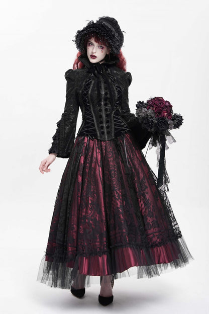 Black Lapel Collar Long Trumpet Sleeves Ruffle Lace-Up Zipper Women's Gothic Jacket