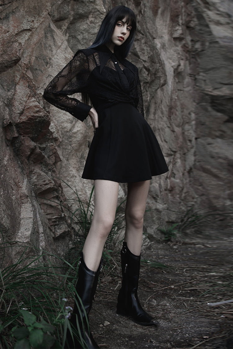 Black Long Sleeves Print Embroidery Lace Women's Gothic Shirt