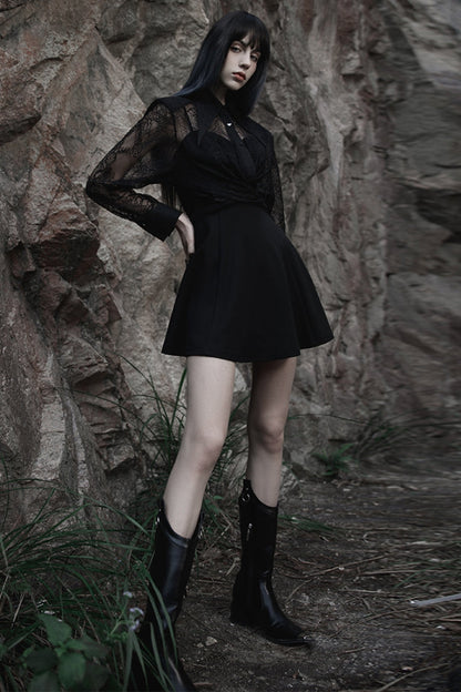 Black Long Sleeves Print Embroidery Lace Women's Gothic Shirt