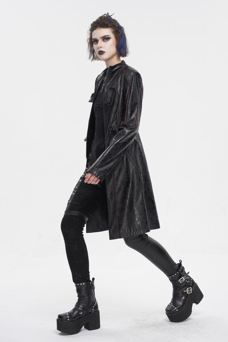 Black Double Buckle Faux Leather Long Women's Punk Coat