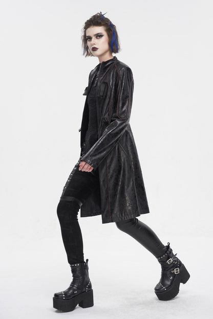 Black Double Buckle Faux Leather Long Women's Punk Coat
