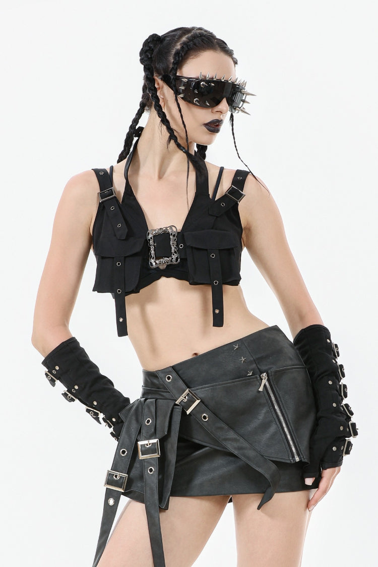 Black Halterneck Buckled Women's Punk Utility Vest