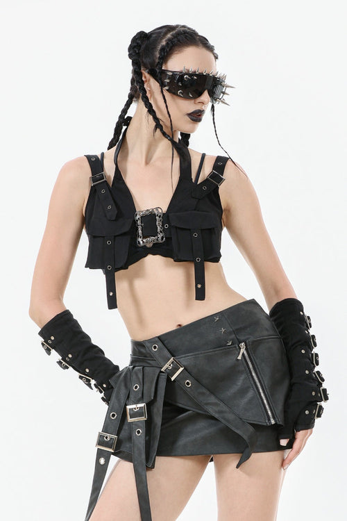 Black Halterneck Buckled Women's Punk Utility Vest