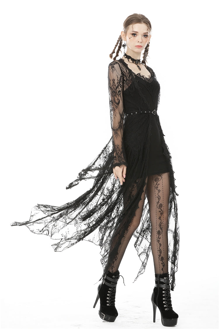 Black Long Trumpet Sleeves Sheer Floral Lace Women's Gothic Maxi Cloak with Belts