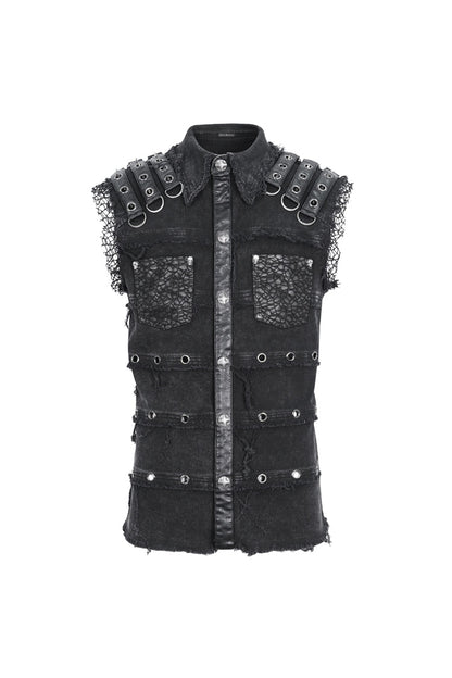 Black Lapel Collar Studded Slim Men's Punk Vest