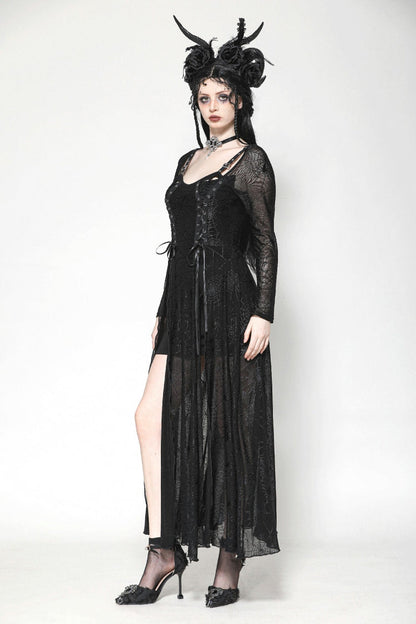 Black Long Sleeves Lace-Up Spiderweb Women's Gothic Elegant Witch Long Dress