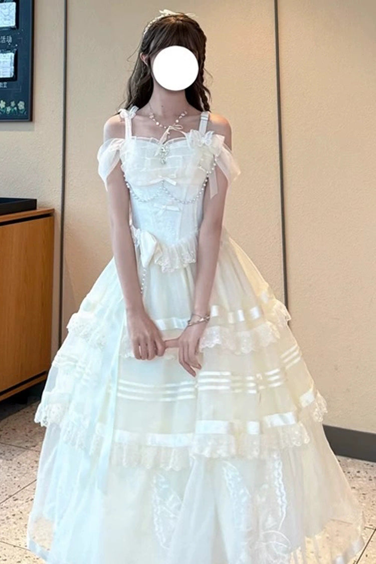 Apricot [Moonlight Poems] Triple-Layered Jacquard Ruffle Bowknot Lace Sweet Elegant Princess Lolita Jsk Dress