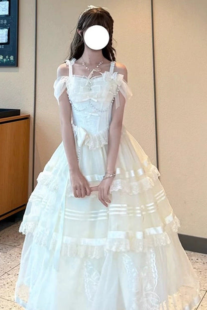 Apricot [Moonlight Poems] Triple-Layered Jacquard Ruffle Bowknot Lace Sweet Elegant Princess Lolita Jsk Dress