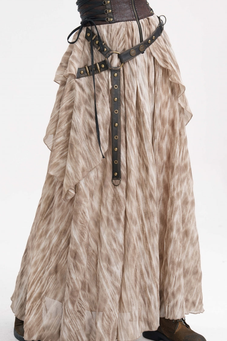 Apricot Ruffle Lace-Up Women's Gothic Eyelets Rivets Long Skirt