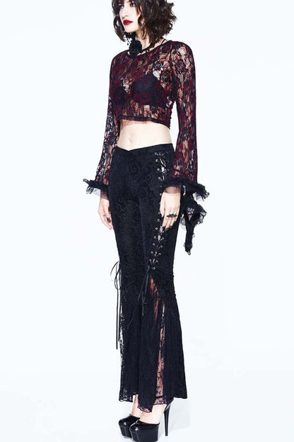 Black Palace Pattern Lace-Up Velveteen Lace Flared Women's Gothic Pants