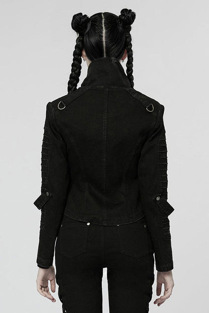 Black Denim Slant Pocket Washed Distressed Stretch Women's Punk Jacket