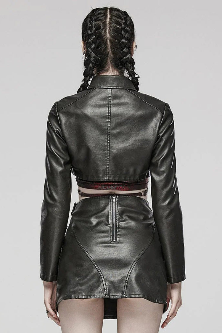 Black Faux Leather Long Sleeves Hollow Stitching Womens Steampunk Short Coat