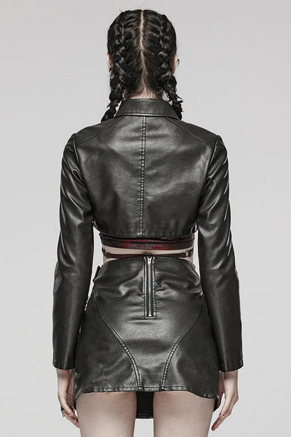 Black Faux Leather Long Sleeves Hollow Stitching Womens Steampunk Short Coat