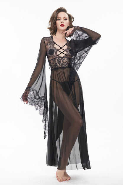 Black Perspective V-Neck Sexy Backless Lace Up Lace Flare Sleeve Women's Gothic Dress