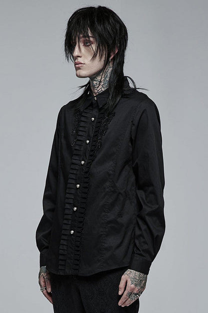 Black Gothic Delicate Decals Placket Pleated Ruffle Long Sleeve Men's Shirt