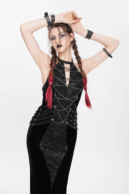 Black Halterneck Sleeveless Rivet Straps Chain Women's Punk Dress