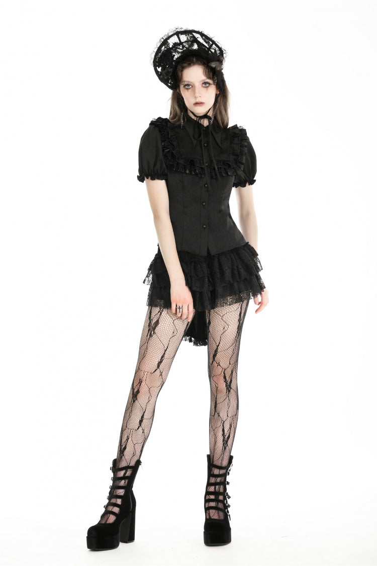 Black Point Collar Short Puff Sleeves Ruffled Women's Gothic Blouse