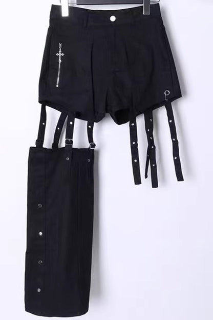 Black Gothic Jirai Kei Japanese Detachable Leg Shorts Set