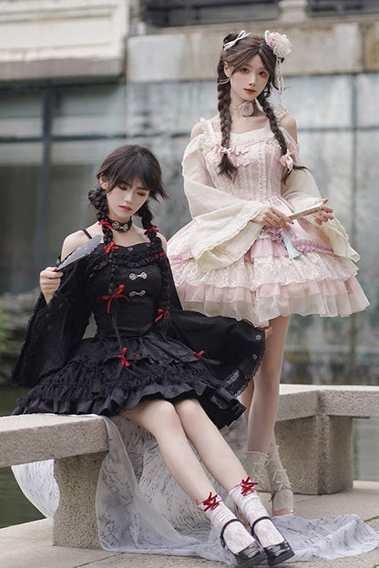Black Bamboo Leaves Print Ruffle Lace Gothic Chinese Style Lolita Skirt
