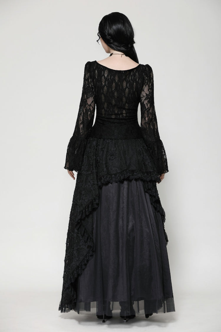 Black Deep V Collar Long Trumpet Sleeves Lace Lace-Up Women's Gothic Corset Top