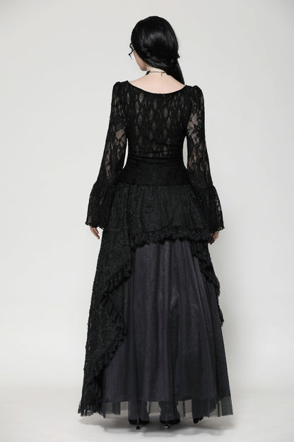 Black Deep V Collar Long Trumpet Sleeves Lace Lace-Up Women's Gothic Corset Top