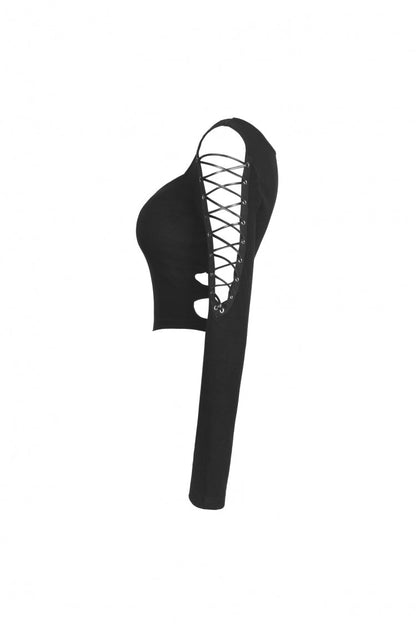 Black Long Sleeves Irregular Strappy Bat Women's Punk Crop Top