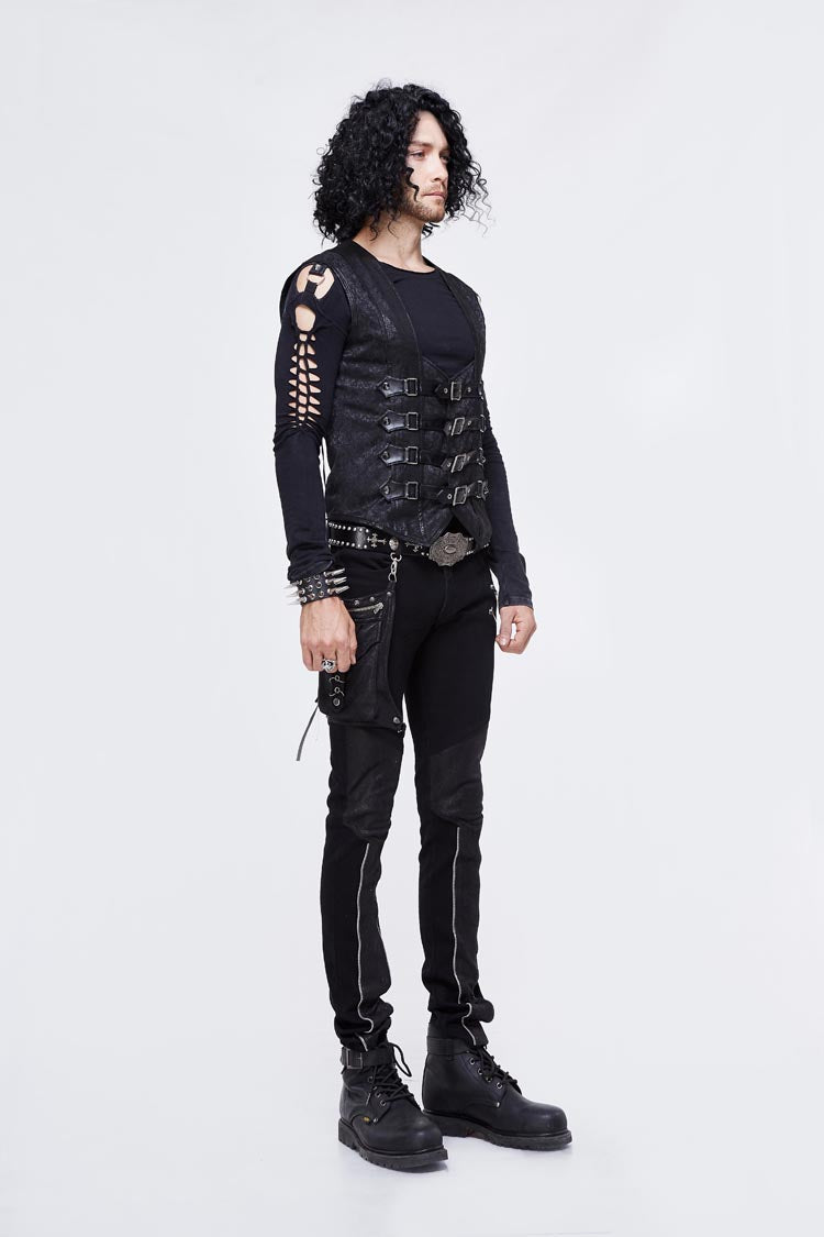 Black Jacquard Splice Heat Seal Backing Chest Loop Lace Up Men's Punk Waistcoat