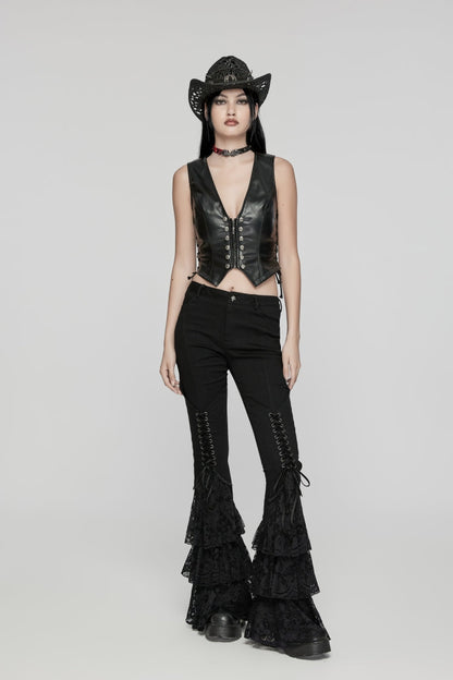 Black Lace-Up Slim Zippered Women's Punk Cool Faux Leather Vest