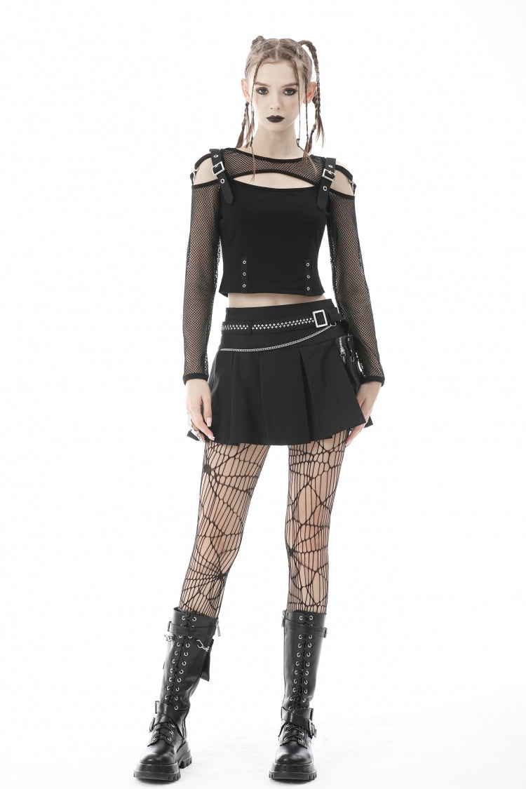 Black Pleated Big-pocket Chain-Decorated Women's Punk Mini Skirt with Belt