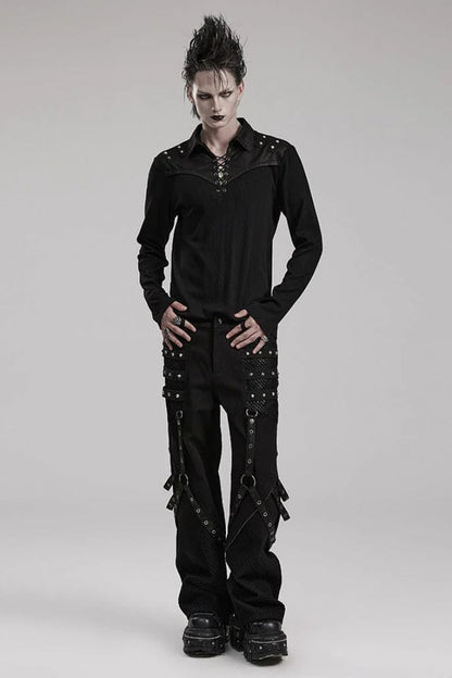 Black Lapel Collar Long Sleeves Stitching Mens Steampunk T-Shirt