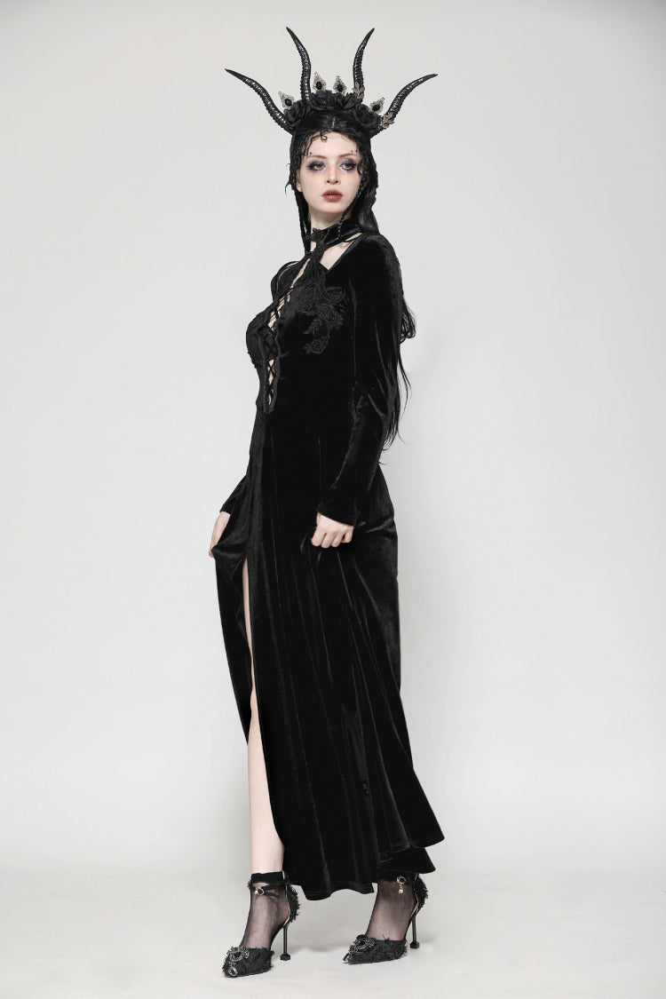 Black Long Sleeves Cut-Out Lace-Up Women's Gothic Side Slit Velvet Party Dress Wedding Dress