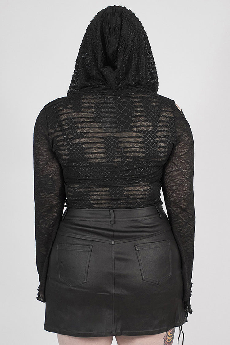 Black Front Chest Lace-Up Flare Sleeve Splice Mesh Plus Size Broken Holes Knit Hooded Women's Punk T-Shirt