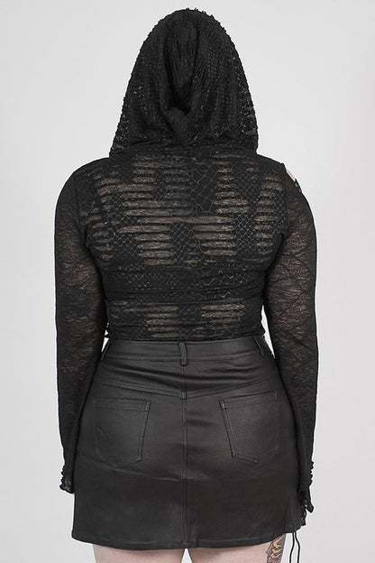Black Front Chest Lace-Up Flare Sleeve Splice Mesh Plus Size Broken Holes Knit Hooded Women's Punk T-Shirt