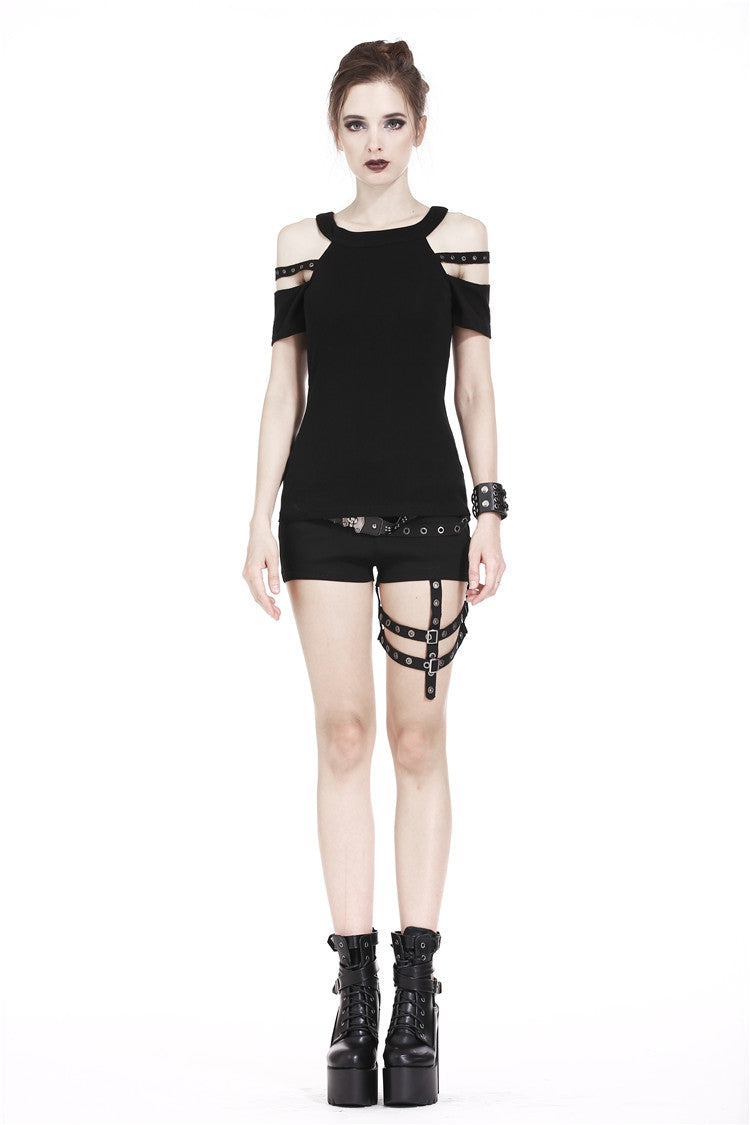 Black Off Shoulder Straps Short Sleeves Cut-Out Women's T-Shirt
