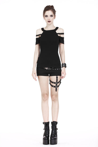 Black Off Shoulder Straps Short Sleeves Cut-Out Women's T-Shirt