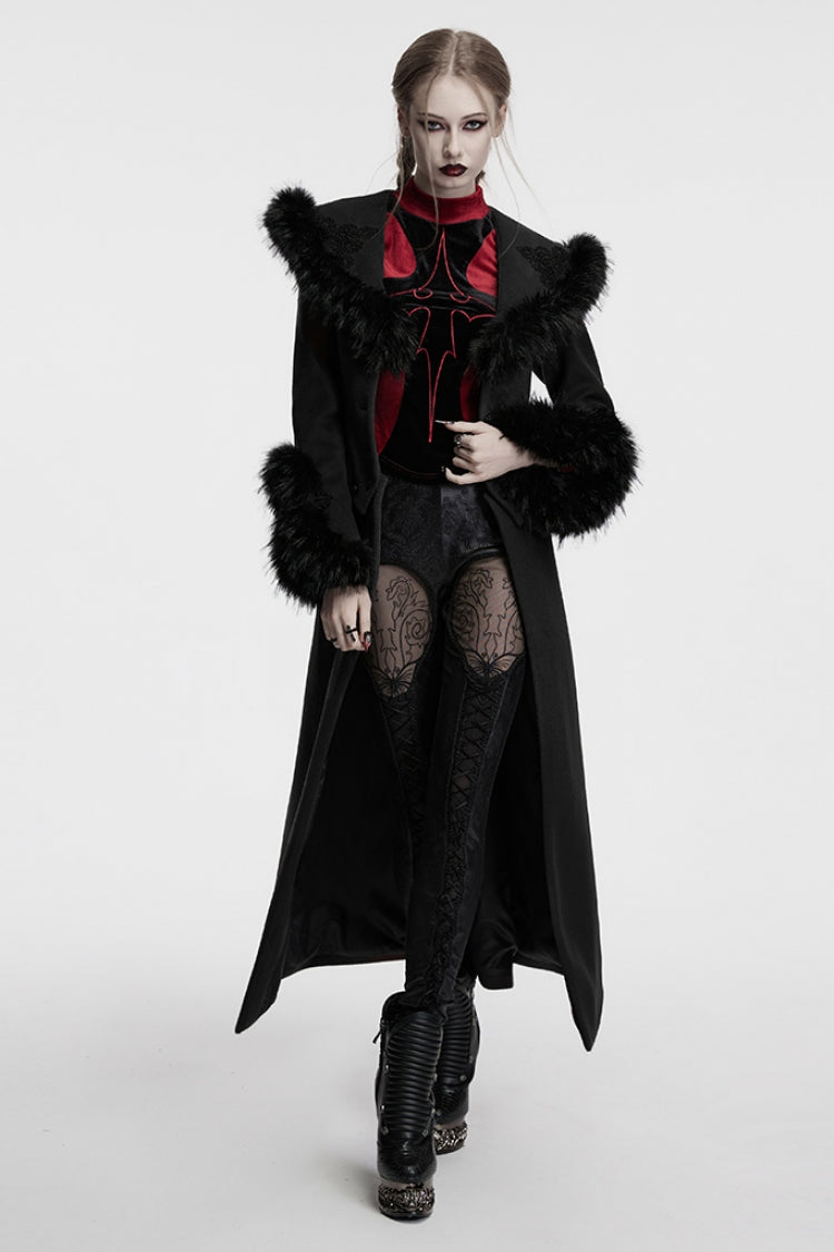 Black Long Sleeves Faux Fur Stitching Lace-Up Detachable Women's Gothic Coat
