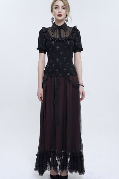 Black Chest Paneled Chiffon Lace Collar Lace Strap Pendant Cross Print Women's Punk Shirt