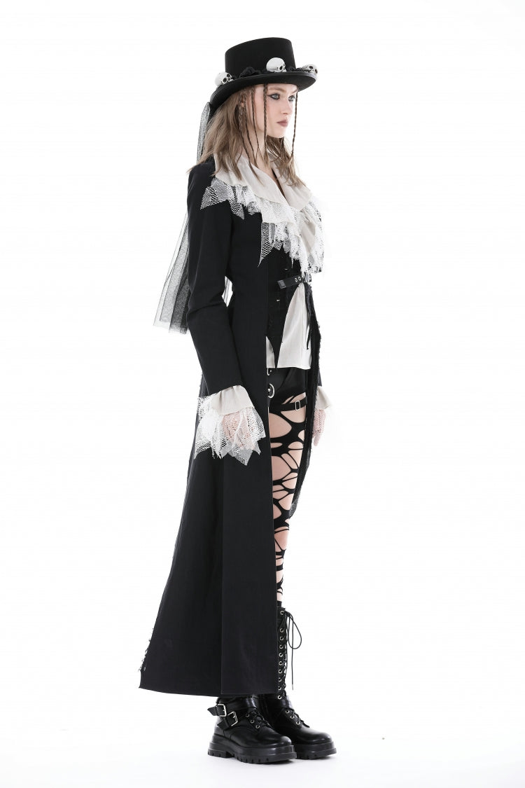 Black Peak Lapel Collar Long Sleeves Irregular Distressed Women's Gothic Punk Coat with Belt