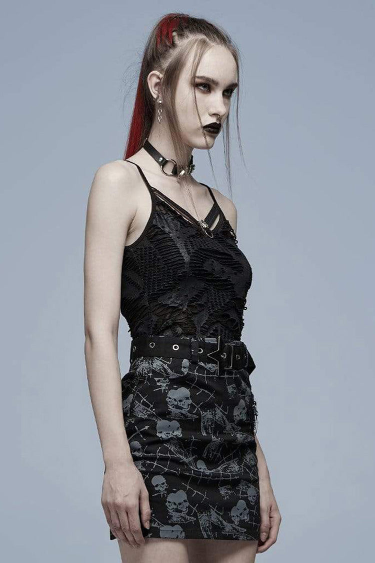 Black Gothic Daily Stretch Knit Metal Skull Decoration Sexy Women's Camisoles