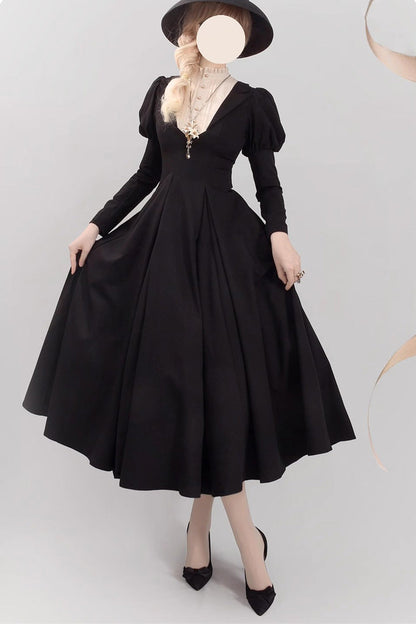 Black Nun Long Puff Sleeves High Waisted Gothic Plus Size Lolita Dress