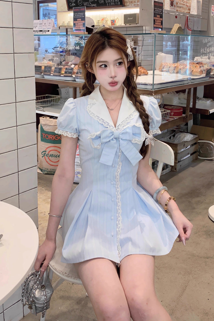 Aqua V Collar Short Puff Sleeves Stripe Print Ruffle Bowknot Sweet Jirai Kei Dress