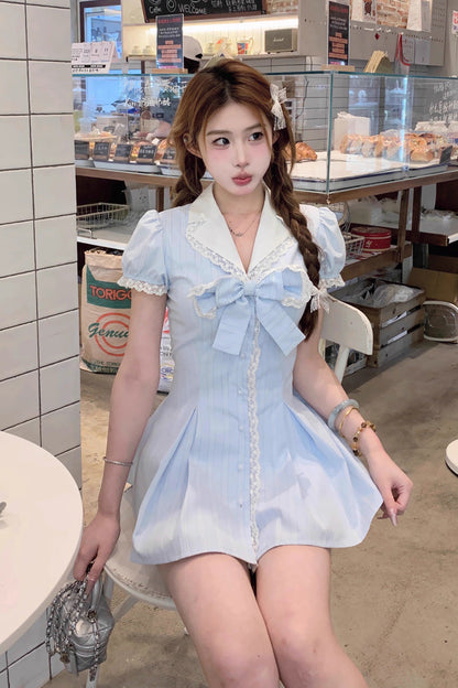 Aqua V Collar Short Puff Sleeves Stripe Print Ruffle Bowknot Sweet Jirai Kei Dress