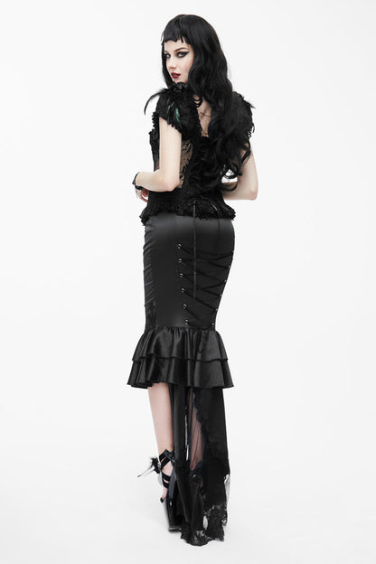 Black Back Decals Transparent Mesh Hem Satin Trailing Women's Gothic Skirt